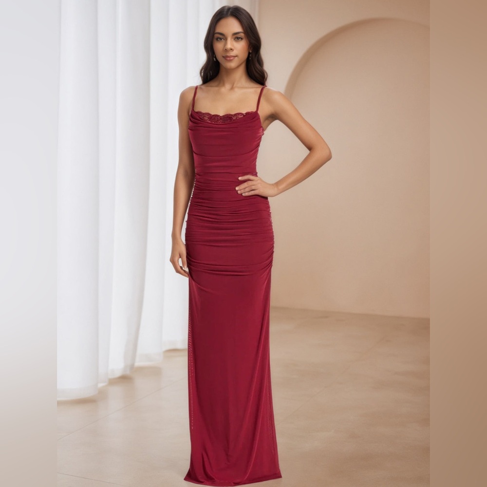 New -Sheath Spaghetti Straps Lace Square Neck Burgundy Formal Dresses New